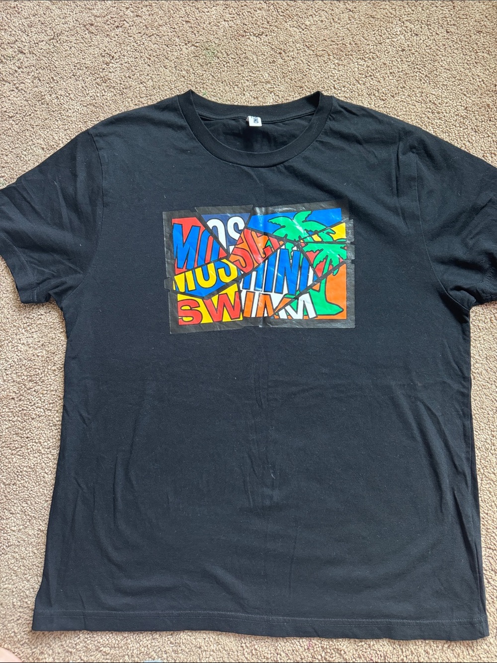 Moschino Black Short-Sleeve Tee with Multicolor Swim Graphic